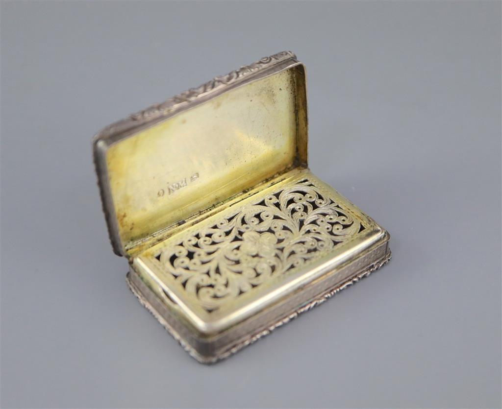 An early Victorian silver castle top rectangular vinaigrette by Nathaniel Mills,
